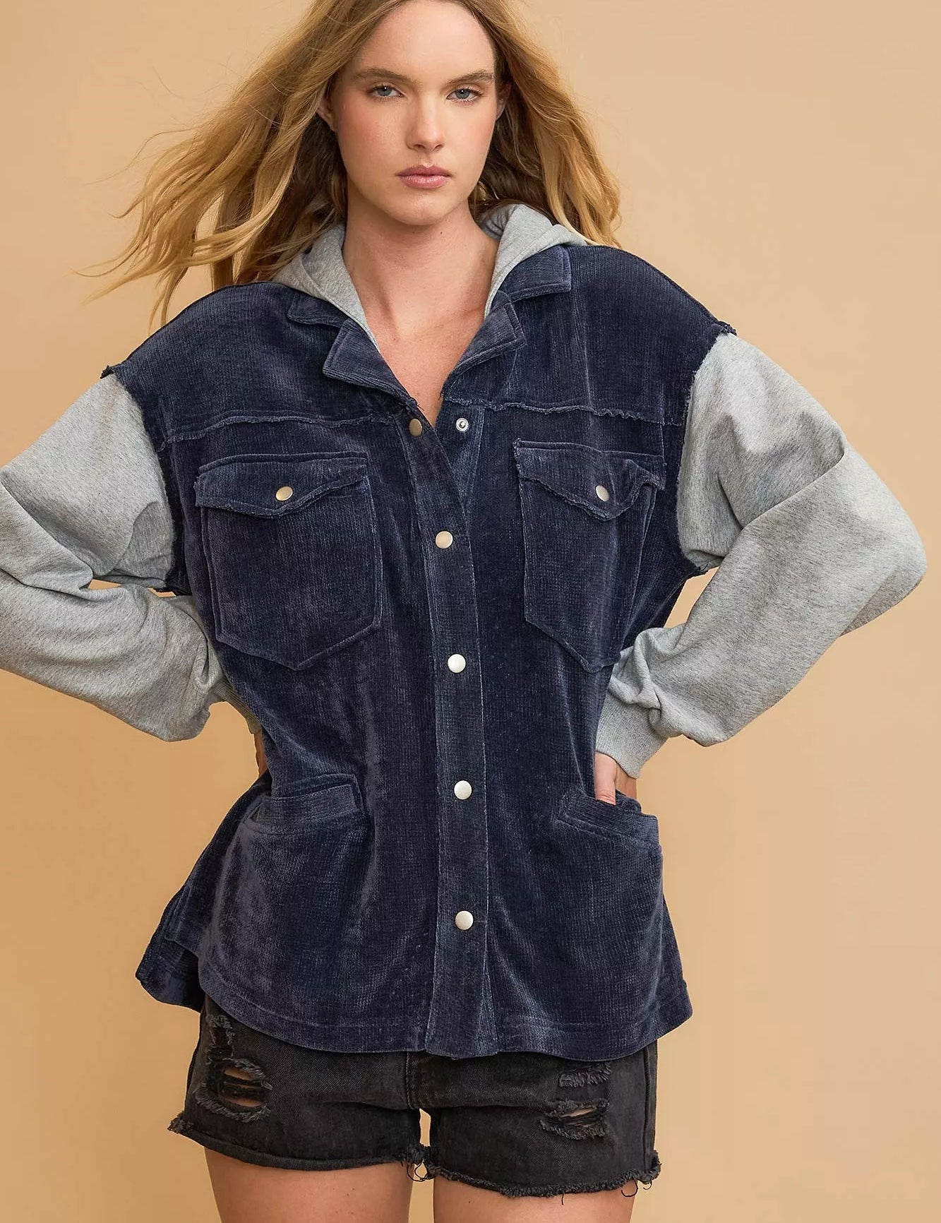 MIDNIGHT Umgee Contrast Hooded Chenille Jacket Midnight | Jackets Daverri Fashions