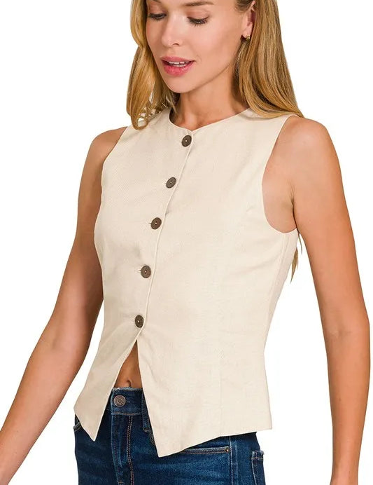Zenana Linen Button Down Vest | Daverri Fashions