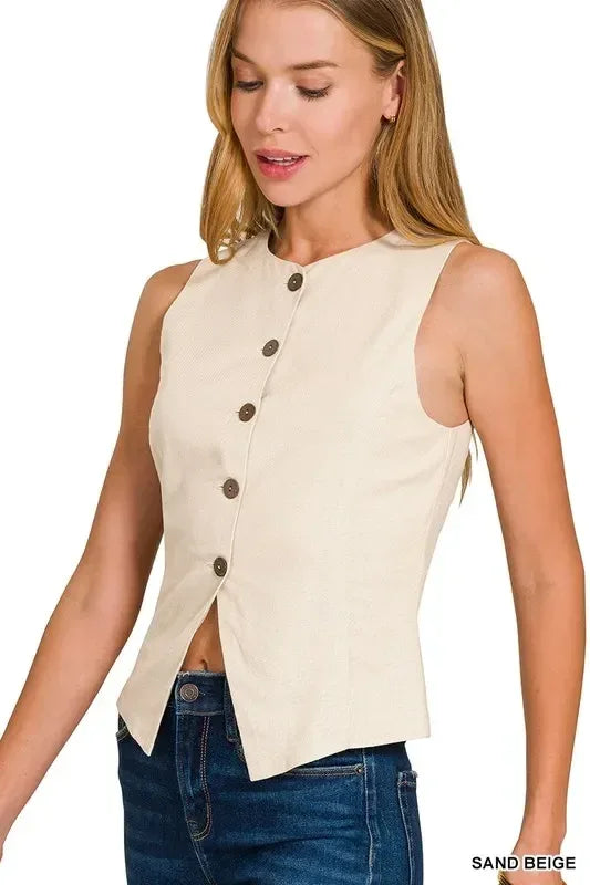 Zenana Linen Button Down Vest - DAVERRI FASHIONS