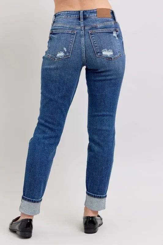 Judy Blue Full Size Mid Rise Boyfriend destroy Jeans with Yoke Pockets and Faux Selvedge Cuff Plus Size - DAVERRI FASHIONS