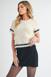 Aemi + Co Round Neck Short Sleeve Tweed Sweater Cream