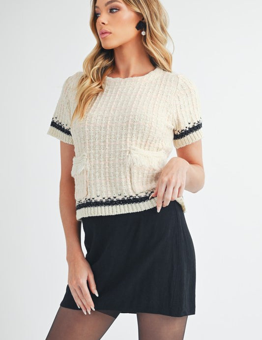 Aemi + Co Round Neck Short Sleeve Tweed Sweater Cream