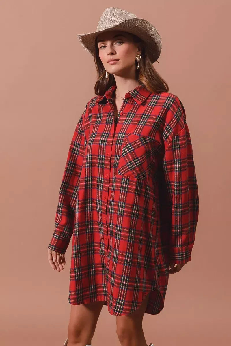 SO ME Christmas Checker Plaid Button Up Shirt Dress - DAVERRI FASHIONS