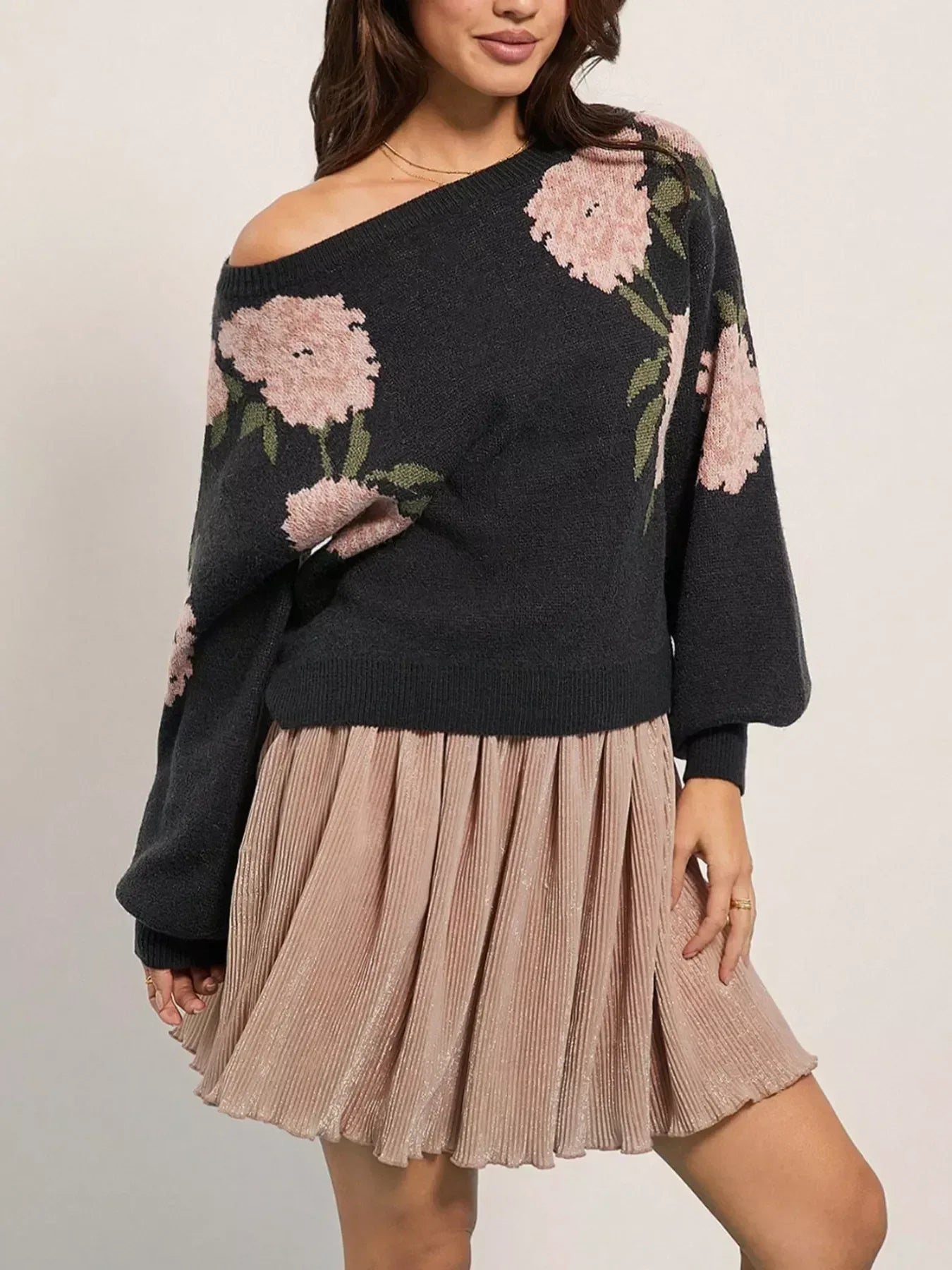 Floral Boat Neck Long Sleeve Sweater - DAVERRI FASHIONS