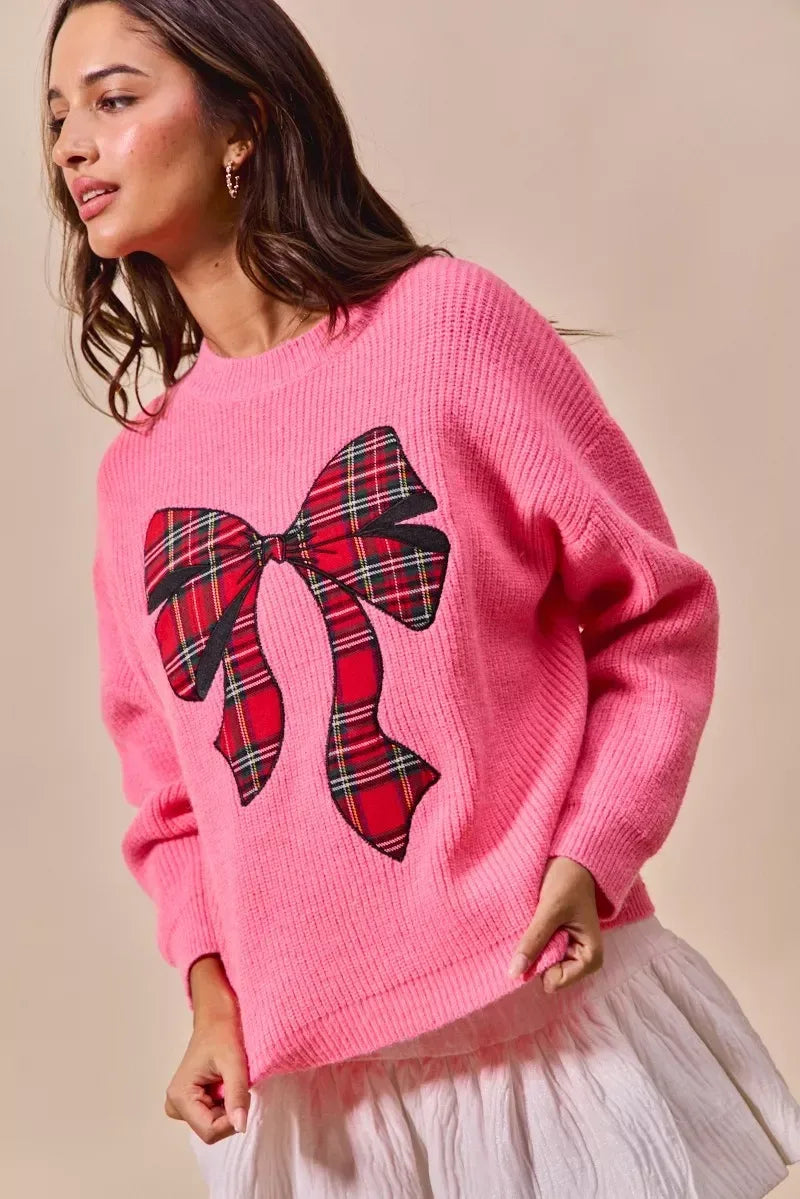 SO ME Checker Plaid Ribbon Christmas Holiday Sweater - DAVERRI FASHIONS