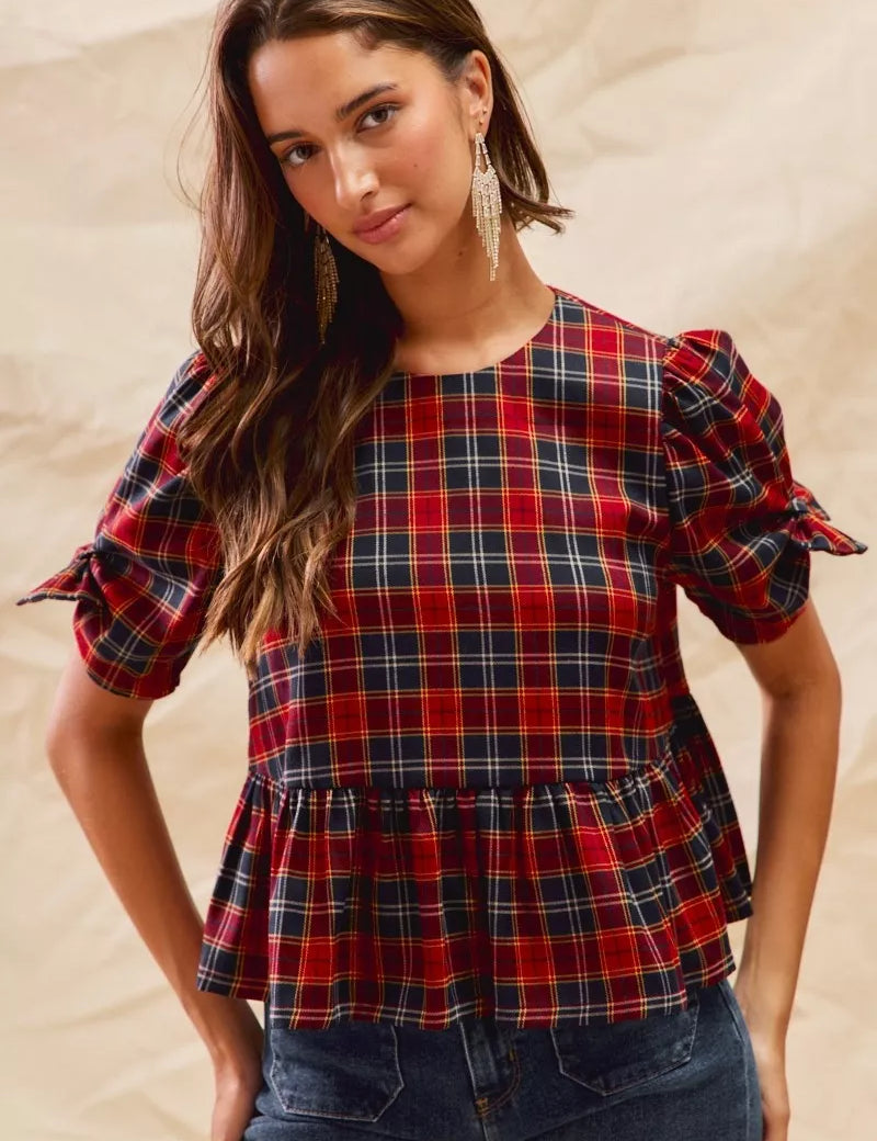 RED SO ME Christmas Holiday Plaid Ribbon Short Sleeves Top | Blouses Daverri Fashions