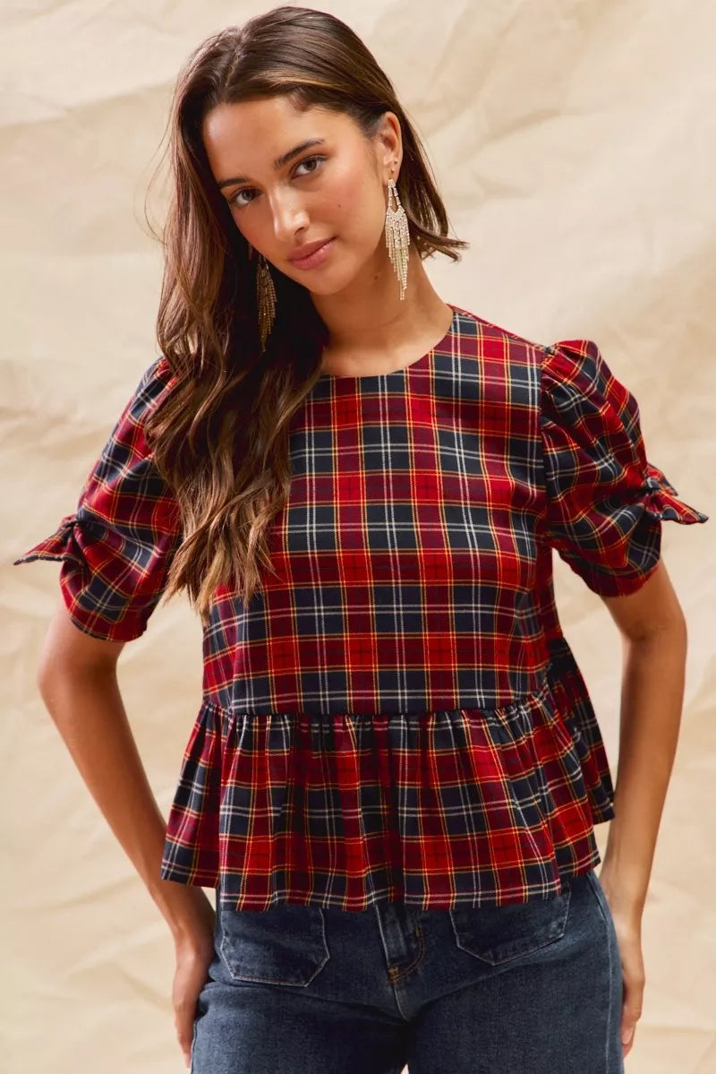 RED SO ME Christmas Holiday Plaid Ribbon Short Sleeves Top | Blouses Daverri Fashions