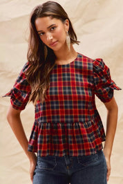 RED SO ME Christmas Holiday Plaid Ribbon Short Sleeves Top | Blouses Daverri Fashions