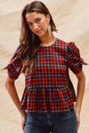 SO ME Christmas Holiday Plaid Ribbon Short Sleeves Top - DAVERRI FASHIONS