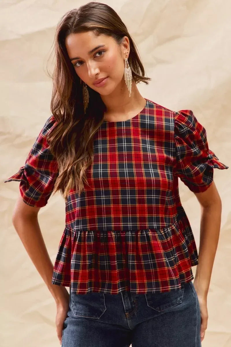 SO ME Christmas Holiday Plaid Ribbon Short Sleeves Top - DAVERRI FASHIONS