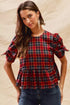 SO ME Christmas Holiday Plaid Ribbon Short Sleeves Top - DAVERRI FASHIONS
