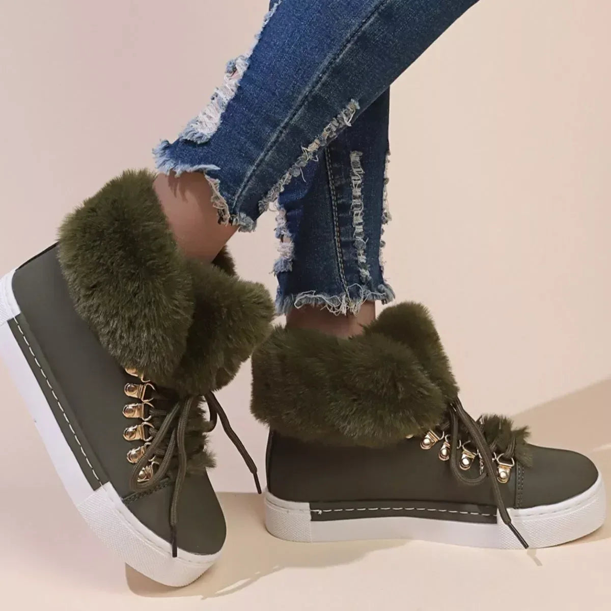 Fuzzy Trim Lace-Up Ankle Boots - DAVERRI FASHIONS