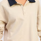 Beige long-sleeved Contrast Collar Pullover Top with navy collar