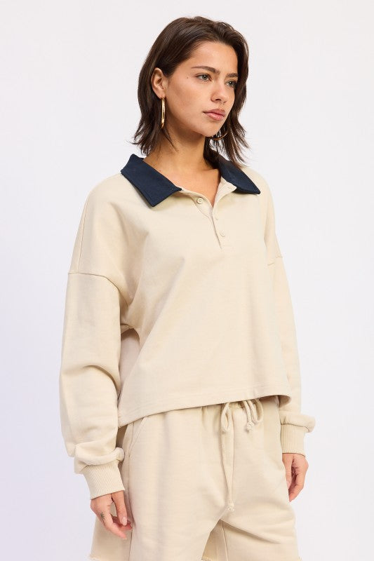 Beige cropped sweatshirt with navy blue polo collar, Contrast Collar Pullover Top