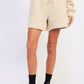 Beige French terry drawstring shorts with pockets and relaxed fit