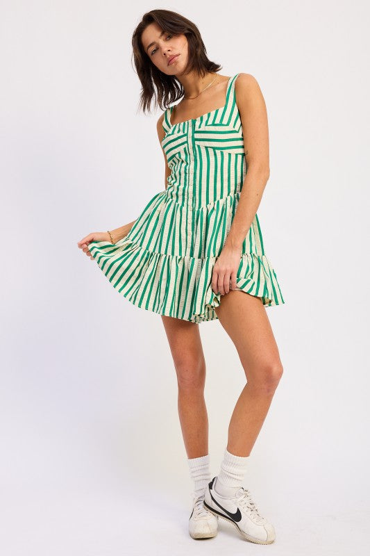 Vibrant green and white striped Emory Park button-up mini romper with ruffle hem