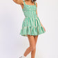 Green and white striped Emory Park button-up placket mini romper with tiered ruffle hem
