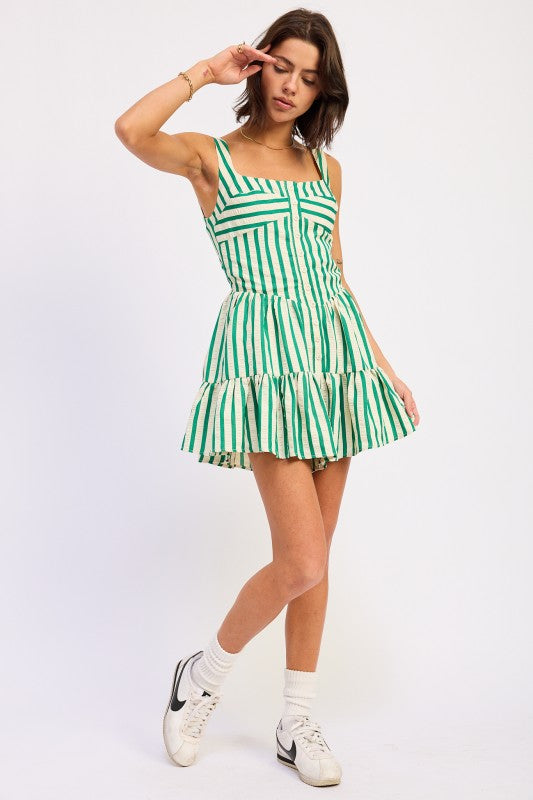 Green and white striped Emory Park button-up placket mini romper with tiered ruffle hem