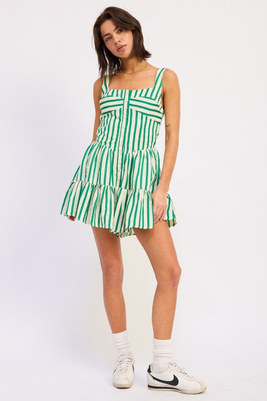 Green and white striped Emory Park button-up mini romper with tiered ruffle skirt