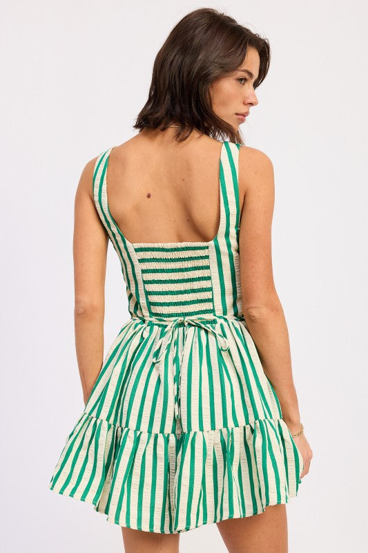 Green and white striped Emory Park mini romper with smocked bodice