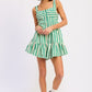 Green and white striped Emory Park mini romper with ruffle hem