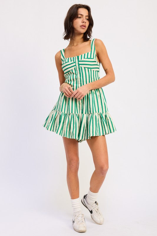Green and white striped Emory Park mini romper with ruffle hem