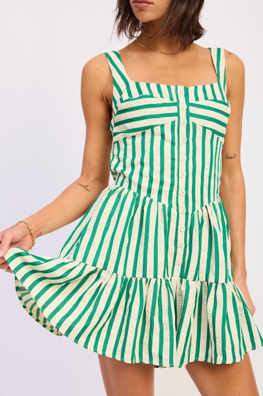 Emory Park green white striped button-up mini romper dress