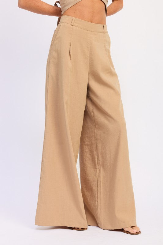 Beige Emory Park wide-leg linen pants with high waist and pleated front