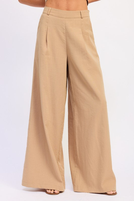 Emory Park wide-leg linen pants in beige with tailored waistband and subtle pleats
