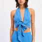 Vibrant blue Double Gauze Halter Neck Crop Top with knotted front and textured fabric