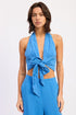 Vibrant blue Double Gauze Halter Neck Crop Top with knotted front and textured fabric