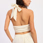 Cream-colored satin Double Gauze Halter Neck Crop Top with back tie