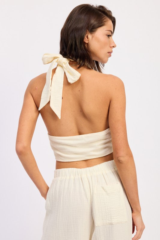 Cream-colored satin Double Gauze Halter Neck Crop Top with back tie