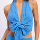 Vibrant blue Double Gauze Halter Neck Crop Top with knotted V-neck detail