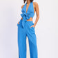 Vibrant blue double gauze halter neck crop top with tied knot and wide-leg pants