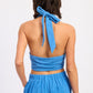 Blue Double Gauze Halter Neck Crop Top with Tied-Back Neckband