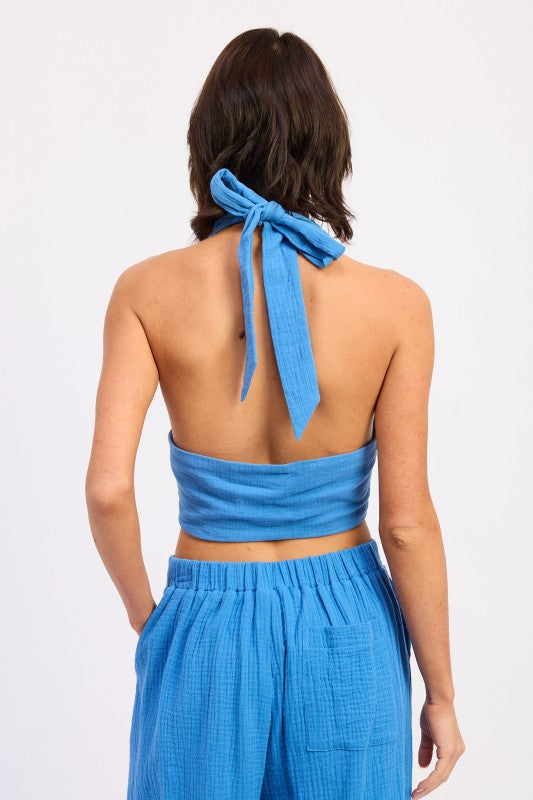 Blue Double Gauze Halter Neck Crop Top with Tied-Back Neckband