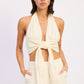 Cream-colored Double Gauze Halter Neck Crop Top with knotted front and cutouts