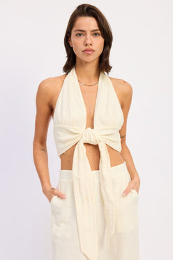 Cream-colored Double Gauze Halter Neck Crop Top with knotted front and cutouts