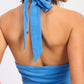 Vibrant blue textured Double Gauze Halter Neck Crop Top with back bow