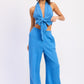 Vibrant blue textured double gauze halter neck crop top with front knot and wide-leg pants
