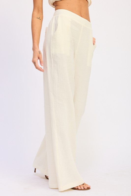 Cream Double Gauze High Waist Palazzo Pants with pleats