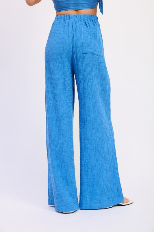 Bright blue Double Gauze High Waist Palazzo Pants with elastic waistband