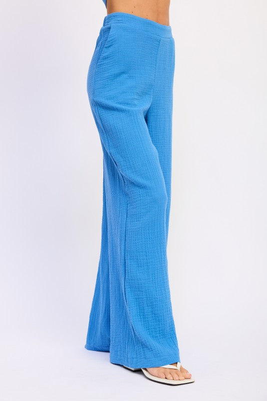 Bright blue Double Gauze High Waist Palazzo Pants with flared hem
