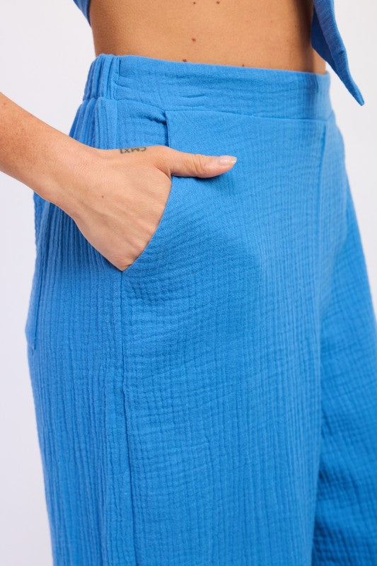 Bright blue textured Double Gauze High Waist Palazzo Pants