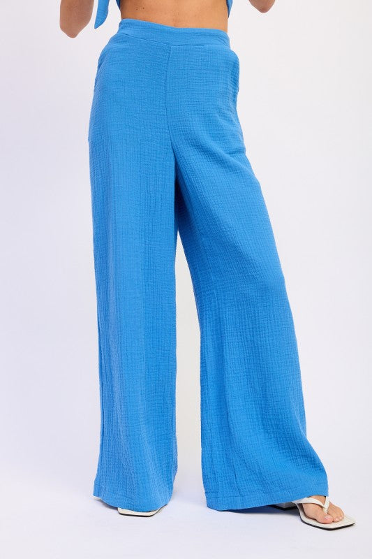 Bright blue Double Gauze High Waist Palazzo Pants in textured woven fabric