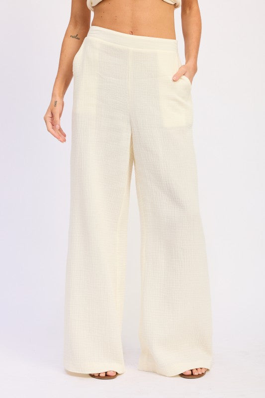 Cream-colored Double Gauze High Waist Palazzo Pants with ribbing