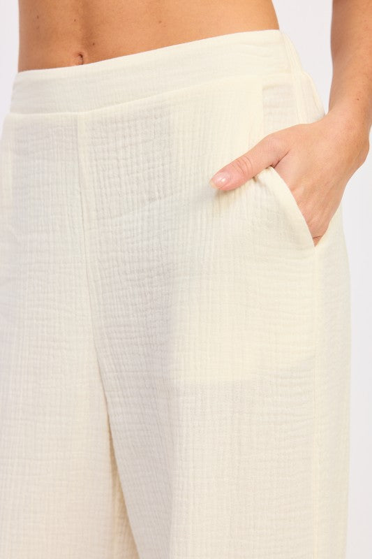 Cream-colored textured linen Double Gauze High Waist Palazzo Pants