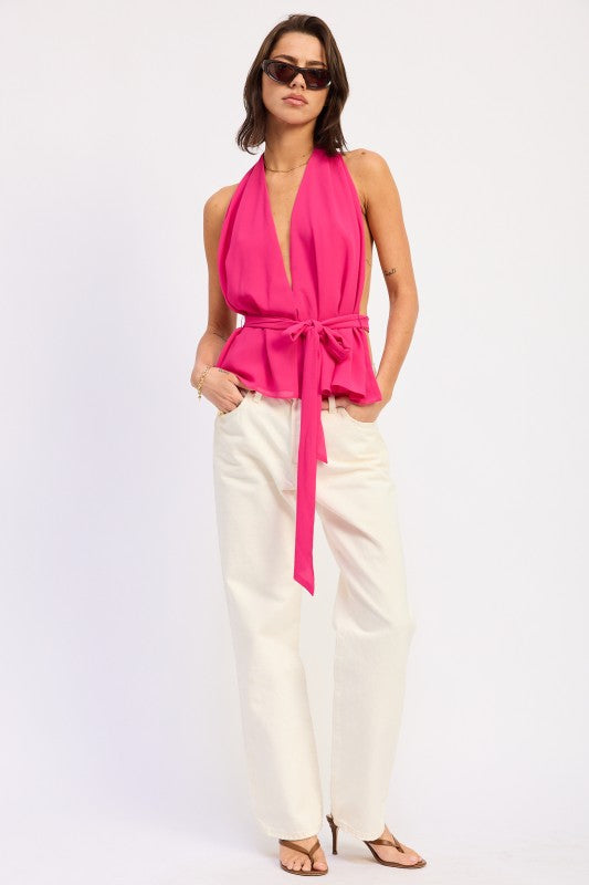 Emory Park fuchsia halter backless scarf top with tied waistband