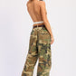 Camouflage wide-leg jeans with brown belt and rolled cuffs, Emory Park top